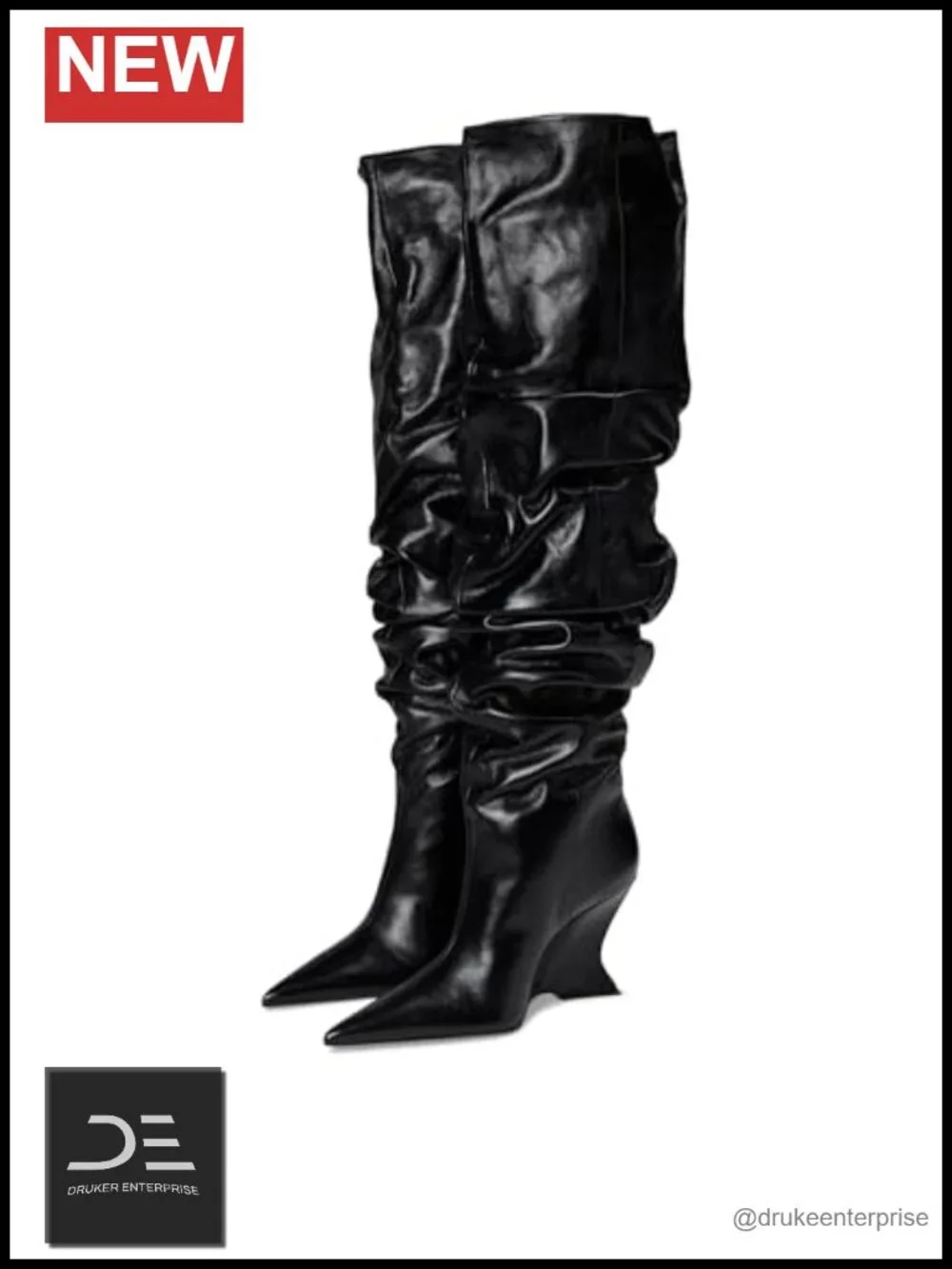 Over the Knee Slouch Wedge Boot Leather Pointed Toe Pull-On